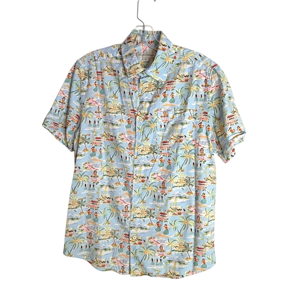Tricots St Raphael -Light Blue Tropical Print Short-Sleeve Men's Shirt Small